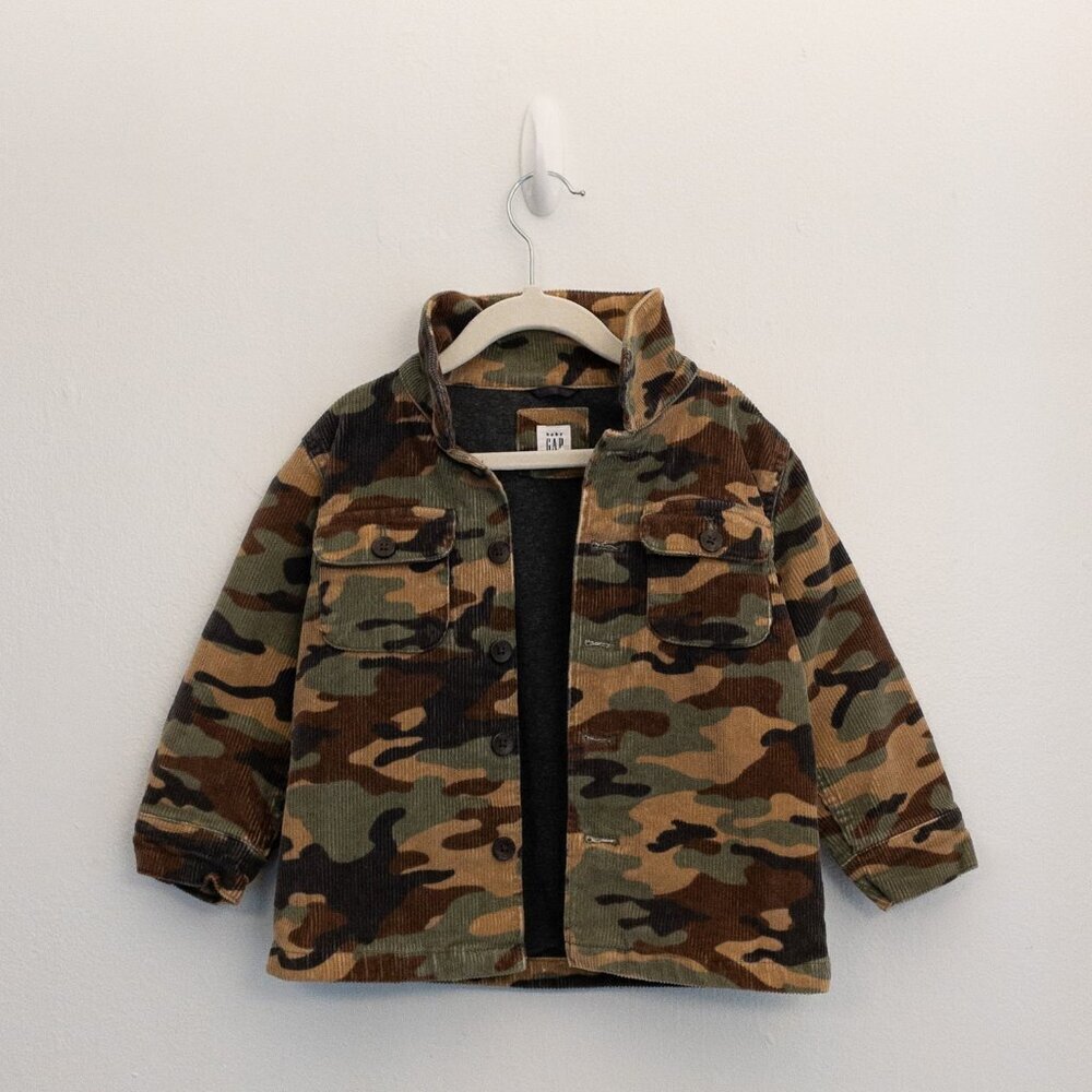 GAP Kids Camo Corduroy Jacket 3T Toddler Boys Green Brown Button Front Fall